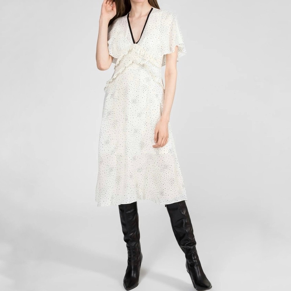 Maje Racky White Star Print Ruffle Midi Dress Size 40 Large NWT